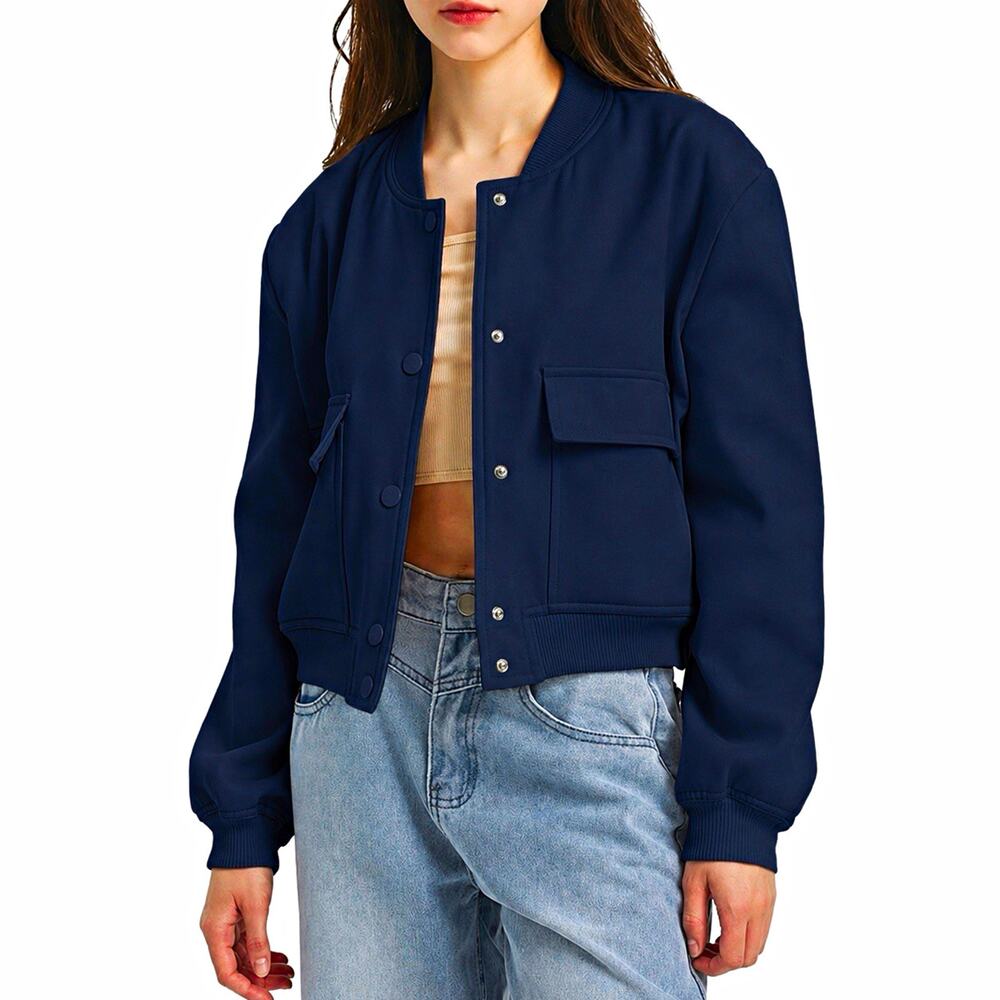 NEW Jason Wu Women's Blue Solid Bomber Jacket Snap Button Front Pockets size M